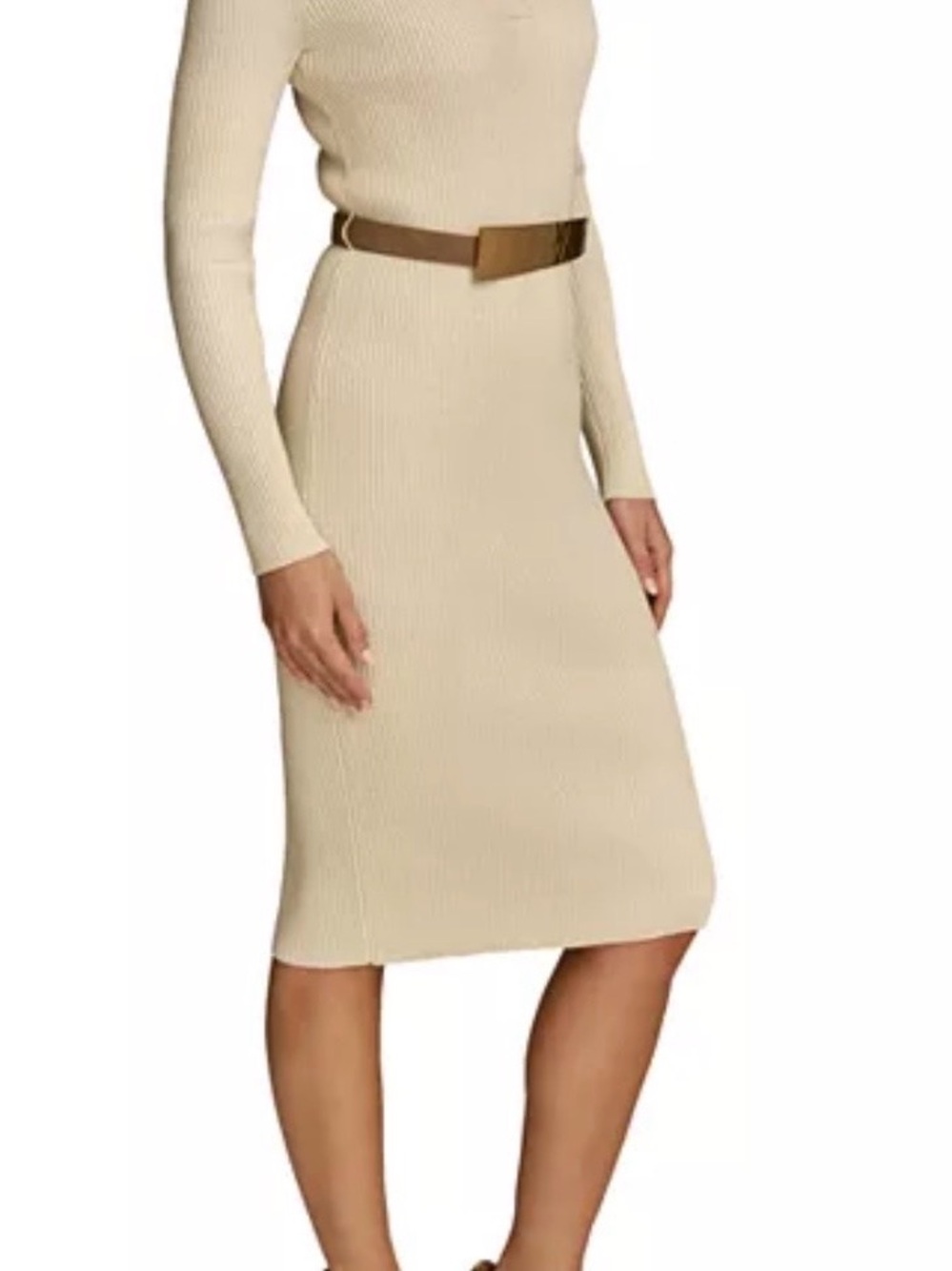 Donna Karan Neutral Cream Ribbed Pencil Midi Skirt